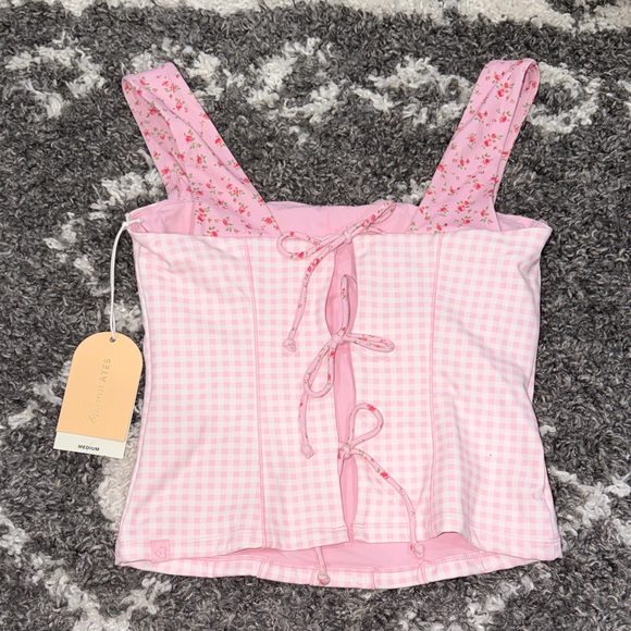 NWT Blogilates Popflex Tiny Bows Corset Tank Pink Gingham Women's Top - Medium - Picture 3 of 4